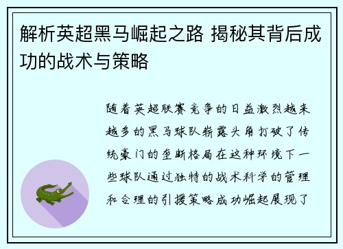 解析英超黑马崛起之路 揭秘其背后成功的战术与策略