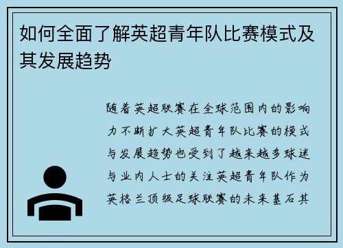 如何全面了解英超青年队比赛模式及其发展趋势